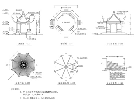  八角亭施工詳圖cad施工圖 