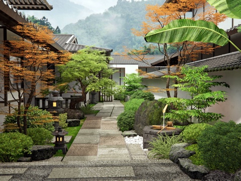  日式庭院景觀 石板路 灌木 植物組合 水景 水缽 景觀樹3d模型 
