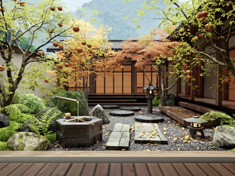  新中式禪意庭院景觀 柿子樹 枯山水 石板汀步 水景 植物組合3d模型 