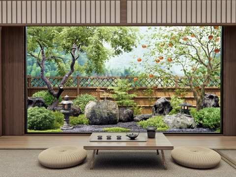  日式禪意庭院景觀 枯山水 景觀石頭 水缽水景 灌木 景觀樹3d模型 