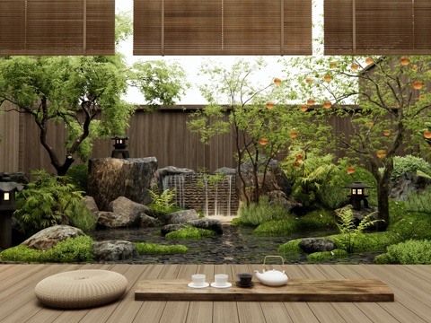  日式禪意庭院景觀 枯山水 假山水景 跌水景觀 植物組合3d模型 