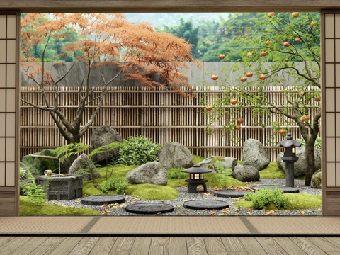  日式禪意庭院景觀 汀步 景觀石頭 枯山水 植物景觀 紅楓3d模型 