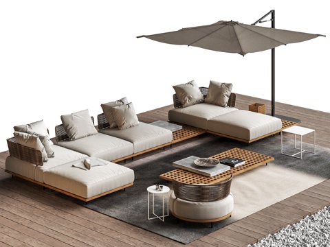  MINOTTI 戶外沙發(fā)茶幾組合 戶外單人沙發(fā) 遮陽傘3d模型 