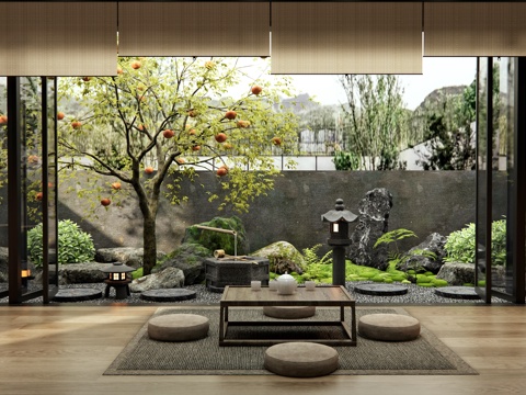  日式枯山水庭院景觀 柿子樹 果樹 景觀石頭 汀步 水景 茶室3d模型 