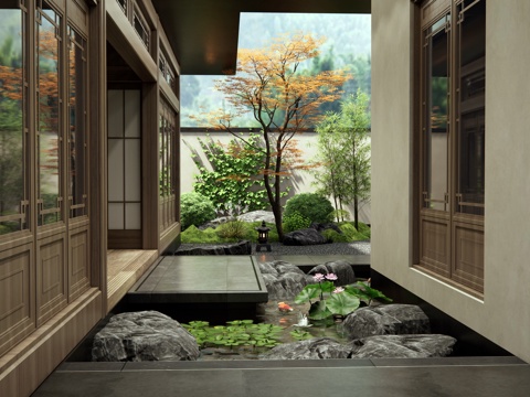  新中式庭院景觀 水景 景觀石頭 荷花 水生植物 植物造景3d模型 