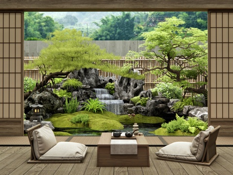  日式庭院景觀 假山水景 茶桌椅 水景 景觀石 植物景觀 松樹3d模型 