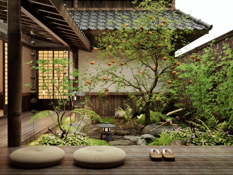 日式庭院景觀 柿子樹 禪意庭院 水景 景觀造景 植物景觀3d模型 