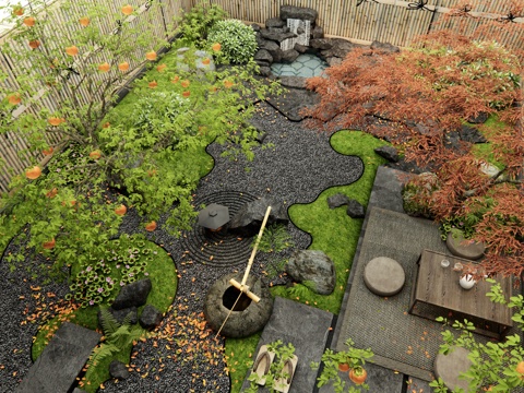  日式禪意庭院景觀 假山水景 植物景觀造景 景觀石頭 花草3d模型 
