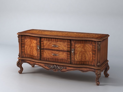  欧式古典巴洛克风格实木电视柜3d模型下载 复古雕刻工艺客厅家具 优雅深棕色木纹装饰柜 