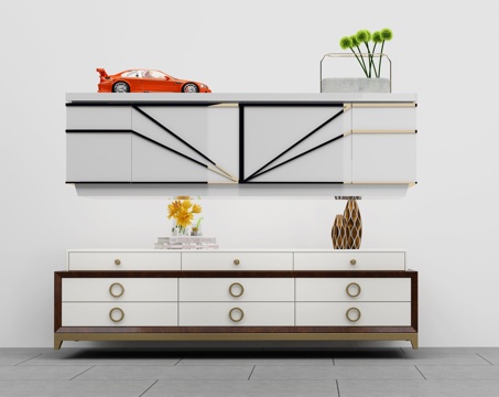  现代悬挂式壁柜组合储物柜设计3d模型下载 白色电视柜 橙色跑车装饰摆件 