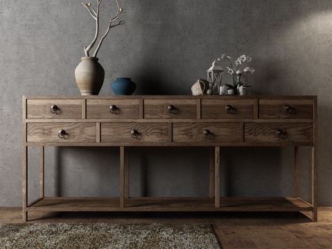  新中式装饰柜地毯饰品3d模型下载 现代简约木质家具设计 自然风格家居摆件 