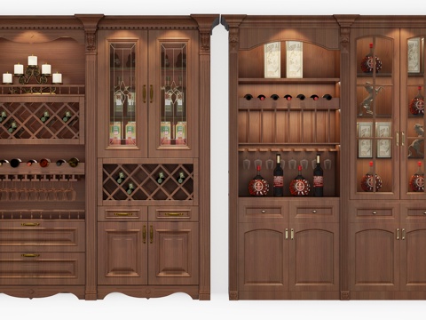  欧式简约木质酒柜组合3d模型下载 带装饰灯玻璃门储物柜 家居餐厅酒类储存设计 