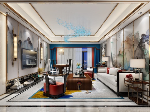  新中式会客厅 吊灯 台灯 多人沙发 单人沙发 茶几 装饰3d模型 