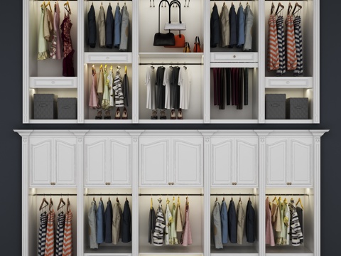  现代欧式分层储物衣柜组合3d模型下载 带嵌入式照明的对称设计衣物收纳系统 