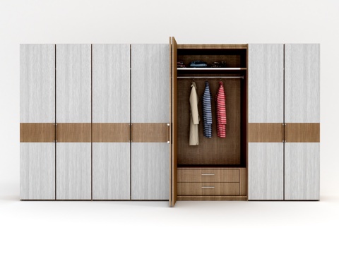  现代简约衣柜3d模型下载 白色木纹衣柜设计 带挂衣区储物抽屉 