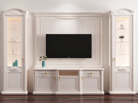  现代简约客厅装饰3d模型下载 欧式电视柜组合 白色金色设计带玻璃装饰架 
