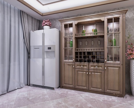  现代厨房餐厅欧式玻璃门酒柜双门冰箱储物柜组合装饰花瓶设计3d模型下载 
