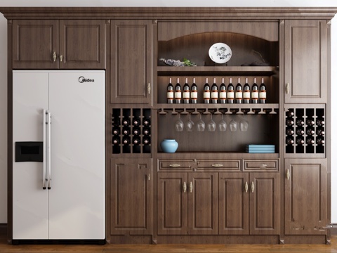  现代厨房欧式酒柜设计3d模型下载 木质橱柜储物空间冰箱一体装饰 高清 