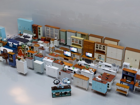  地中海风格家具3d模型下载 现代温馨卧室客厅组合场景 白色棕色衣柜书柜装饰 