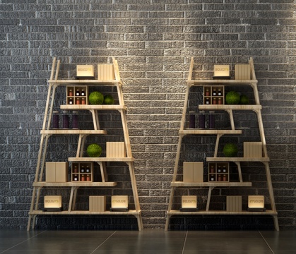  现代简约木质书架装饰柜架3d模型下载 四层储物收纳架客厅书房砖墙背景装饰架 