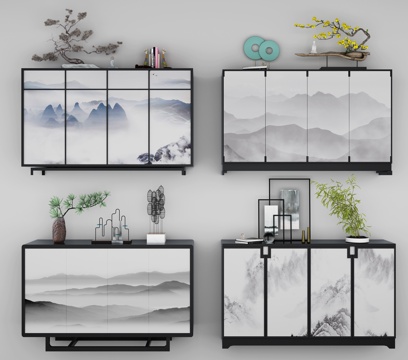  新中式餐边柜组合3d模型下载 现代简约客厅装饰柜 带山水画定制家居设计 