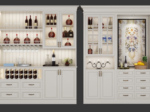  现代家居酒柜组合3d模型下载 家庭酒吧区装饰画水果篮设计 聚会娱乐空间 