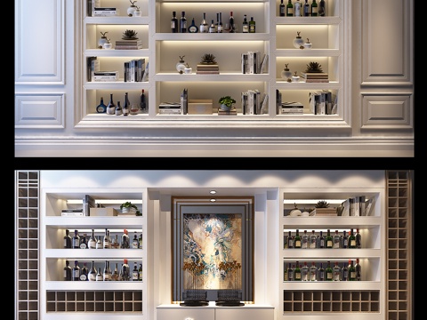  现代简约欧式酒柜书柜一体3d模型下载 带灯光装饰柜 高端定制客厅储物柜 