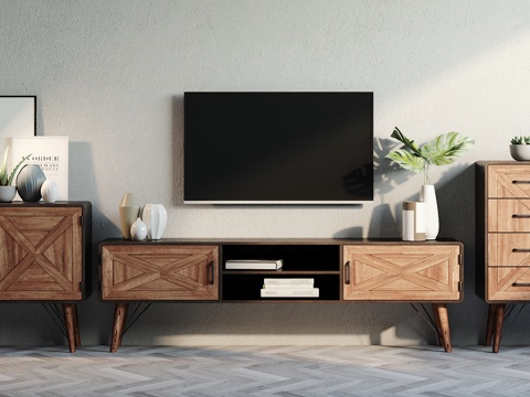  北欧简约电视柜组合3d模型下载 现代木质边柜收纳柜客厅摆件装饰 