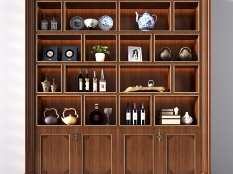  新中式酒柜3d模型下载 茶具茶饼收纳 红酒酒瓶陈列架 中式摆件装饰架 
