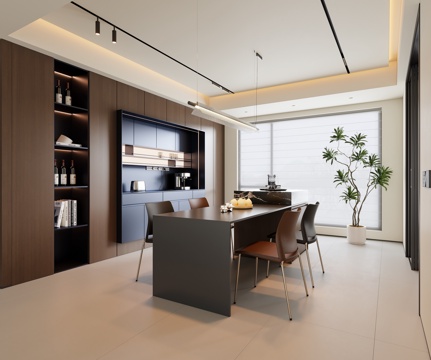 現(xiàn)代意式餐廳 島臺(tái)餐桌椅 吊燈 酒柜 餐邊柜3d模型 