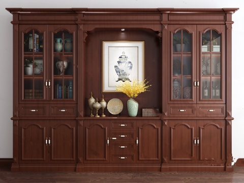  欧式复古木质酒柜3d模型下载 客厅书房装饰柜 对称优雅玻璃门设计  