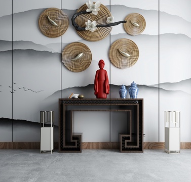  现代中式端景柜组合3d模型下载 竹艺梅花金属灯饰 蓝白花瓶红色雕塑装饰墙 