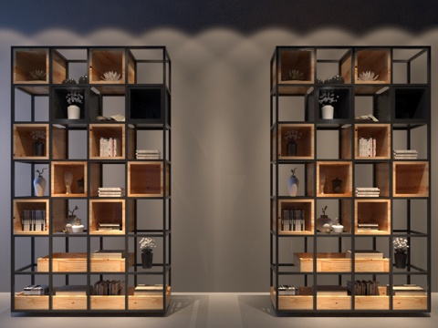  工业风装饰柜书柜摆件隔断柜3d模型下载 现代简约金属木架客厅书房装饰品 