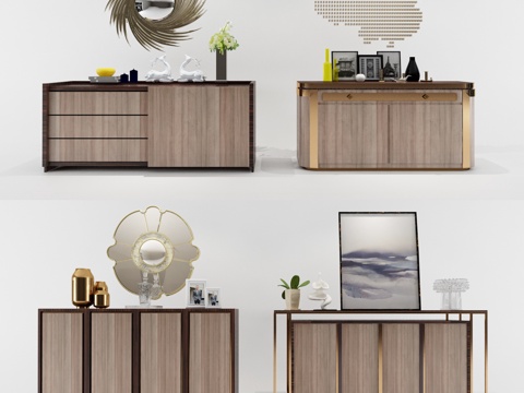  现代装饰柜组合3d模型下载 浅木色金属装饰家具 室内设计艺术摆件 对称平衡空间摆件 