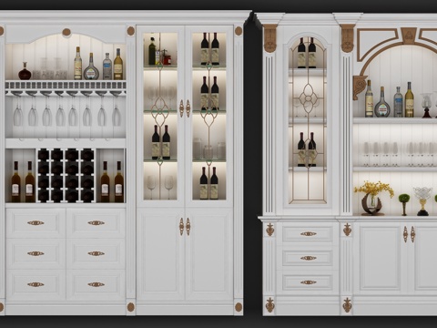  欧式简约酒柜组合现代风格3d模型下载 对称设计白色装饰酒架带金色细节 家庭储酒展示柜 