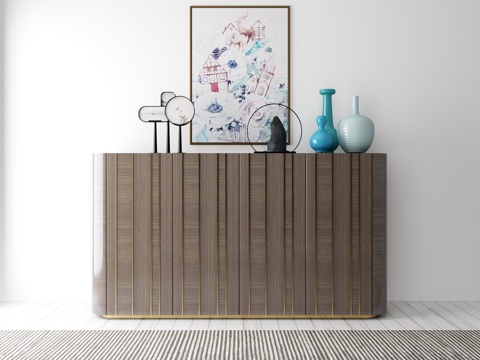  现代边柜装饰3d模型下载 抽象艺术挂画 宁静家居摆件组合 