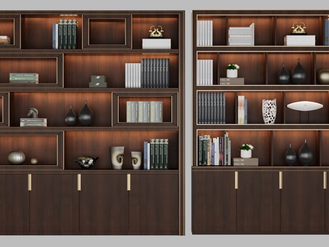  现代中式书柜组合装饰架3d模型下载 深棕配色带金色拉手设计 书房办公室储物柜 