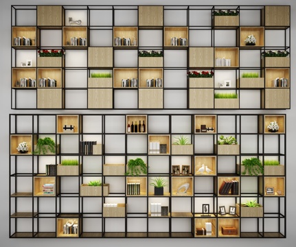  现代北欧风格书架组合装饰架3d模型下载 网格设计木质金属混搭家居装饰架 