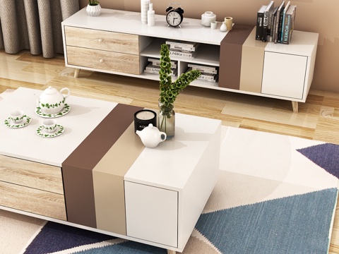  现代客厅电视柜茶几组合3d模型下载 北欧风格地毯饰品 家居装饰设计 