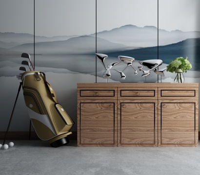  现代中式装饰柜组合3d模型下载 自然景观壁画设计 高尔夫球杆收纳艺术柜 