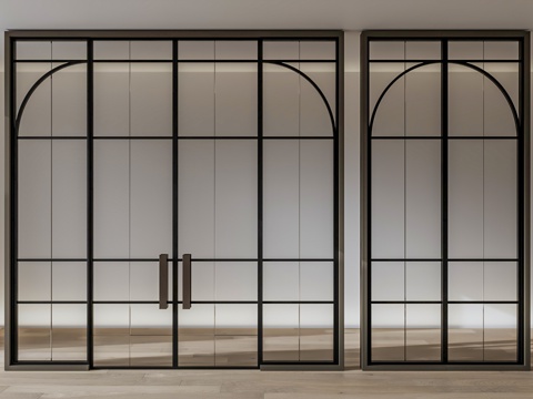 法式玻璃门 现代玻璃门 双开门 金属框架玻璃门 玻璃拱形门su模型