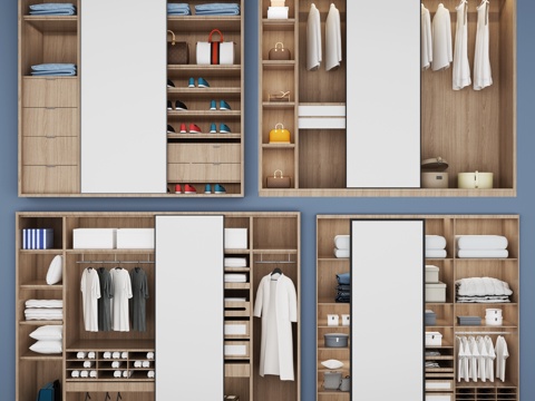  现代北欧衣柜3d模型下载 带镜储物柜设计 简约衣橱 