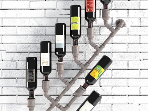  工业风金属管道酒柜3d模型下载 现代精致酒瓶展示架设计 创意酒瓶标签装饰 