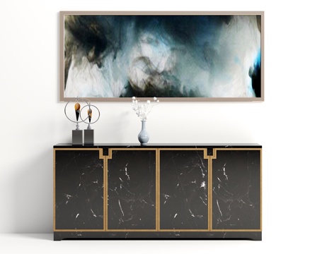  新中式装饰柜3d模型下载 黑金大理石纹轻奢风格 抽象挂画陶瓷花瓶摆件 