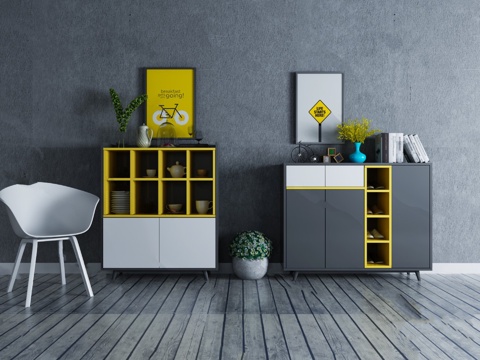  现代灰黄装饰柜边柜3d模型下载 客厅储物柜带装饰画绿植 简约家具设计 