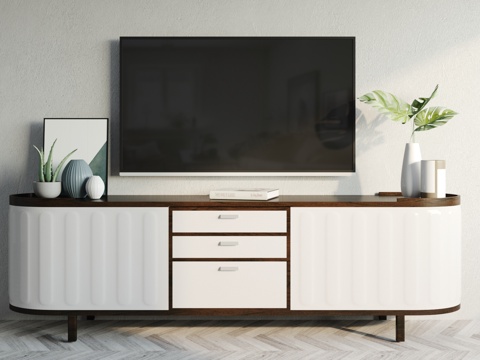  北欧现代电视柜组合3d模型下载 自然元素客厅摆件装饰 极简室内家具设计 