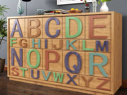  木质字母装饰柜3d模型下载 现代简约家具 彩色字母家居摆件 深灰背景墙挂画装饰 