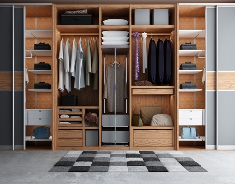  现代开放式衣橱组合3d模型下载 滑动门设计多层储物空间 木质衣柜衣物整理收纳 