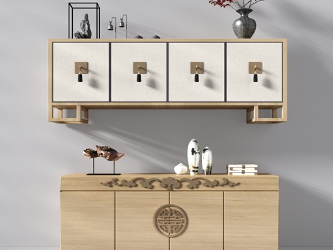  新中式悬挂式电视柜边柜3d模型下载 木雕摆件装饰储物柜 现代简约中式风格家具 