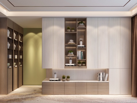  现代装饰壁柜多功能储物设计3d模型下载 客厅嵌入式书架展示柜 家居装饰艺术空间 